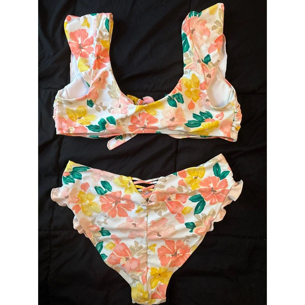 Time & Tru Peach Floral Cap Sleeve Hi Waisted‎ 2pc Swimsuit Bikini, Large